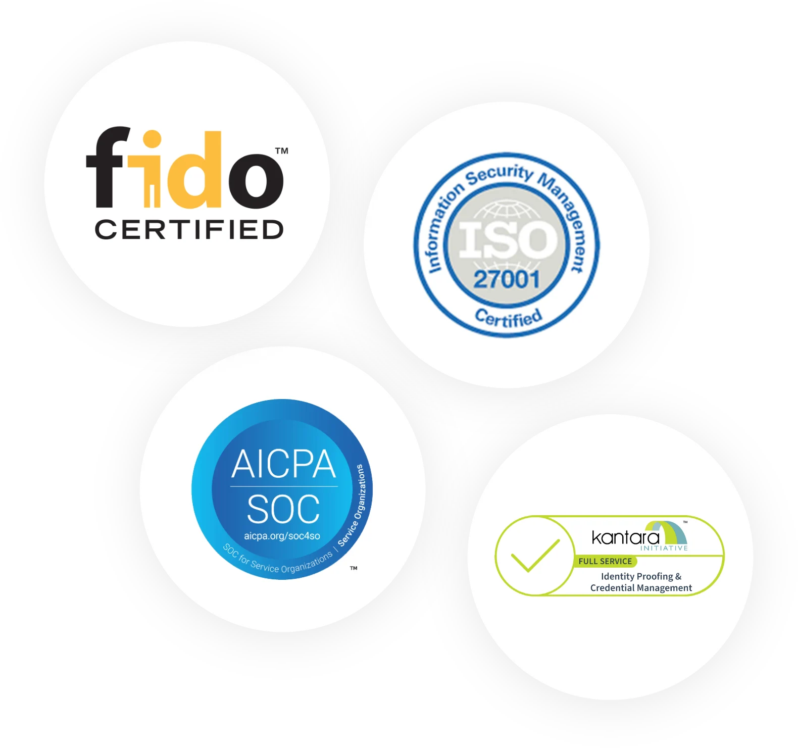 Fido Certified. AICPA SOC. Information Security Management. Kantara Initiative Full Service Identity Proofing & Credential Management.